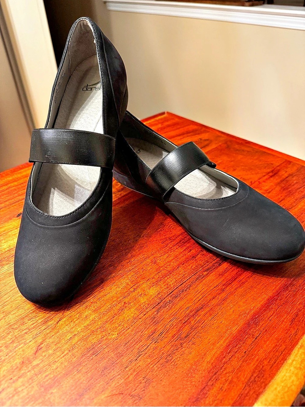 Dansko Kendra Black Leather Mary Jane Wedge Flats